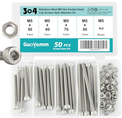 GuoYomm Lot de 50 vis à six pans creux M5 avec écrous en acier inoxydable 304 Jeu de boulons mécaniques entièrement filetés dans une boîte combinée, longueurs : 50 mm 60 mm 70 mm 80 mm