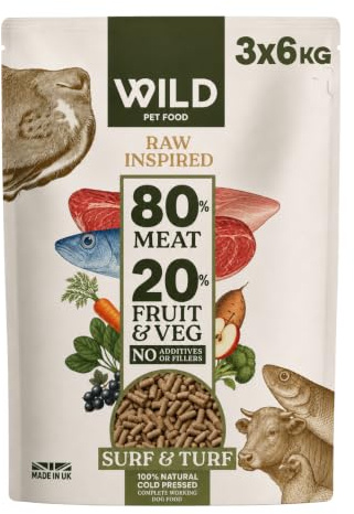 Wild Pet Food - Surf & Turf (18 kg) Grain Free Dry Dog Food, 80:20 Cold Pressed - Low Fat, High Protein & Nutritionally Complete - Gastrointestinal Dog Food - Ancestral Diet - Adult or Puppy
