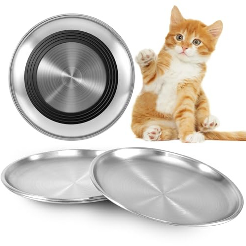 Alaoo 4PS Cuencos Planos Gatos de Acero Inoxidable,17CM Comedero Plano Gato | con Base Antideslizante,Platos Anchos Aptos para Gatos para Perros Pequeños,Gatos (Plata)