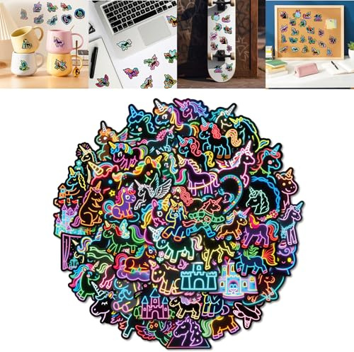 Confezione da 100 adesivi in vinile a forma di unicorno, impermeabili, per scrapbooking, laptop, scooter, skateboard, bagagli e valigie, regalo divertente per feste di compleanno per bambini