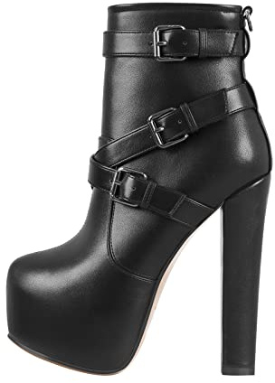 Only maker Damen Plateau Stiefeletten Blockabsatz Warm Gefüttert Ankle Boots mit Schnallen
