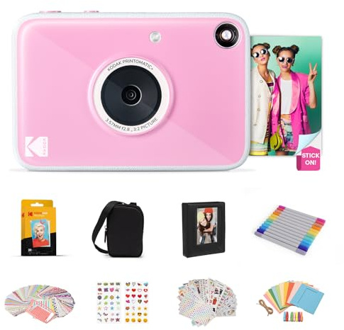 KODAK Printomatic+ Full Color Instant Print Digital Camera Gift Bundle + Case + Zink 2x3 Sticky Back Photo Paper 20pk + Album + Sticker Sets + Sticker Frames + Hanging Frames + Markers - Pink