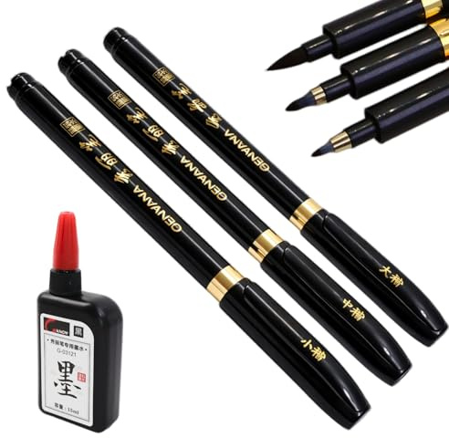 Japanische und Chinesische Kalligraphie Stifte Set Nachfüllbar, 3 Stück Shodo Pinsel mit 15ml Schwarzer Tinte, Brush Pen Fein Mittel Dick, Schreib- und Zeichenstifte für Anfänger Künstler Schule Büro