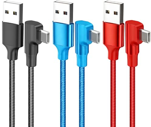 ZenithCove 3 Pack USB C Charger Cable 2M, USB to USB C Cable Right Angle 6A Fast Charging 90 Degree Nylon Braided Type C Charger Lead for USB C Phone Tablet Camera (Black&Blue&Red)