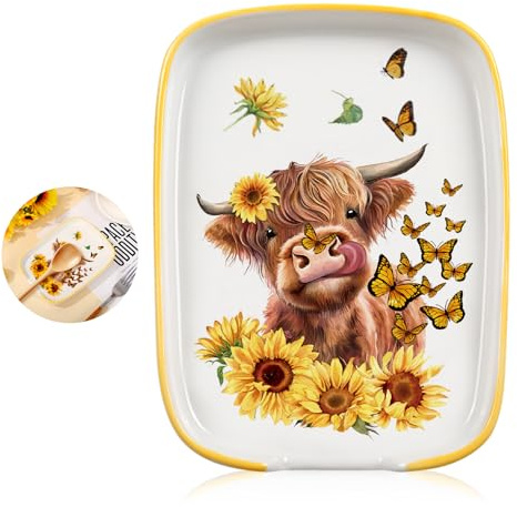 Whaline 5.9inch Highland Cow Spoon Rest Cooking Utensils Holder Watercolor Sunflower Butterfly Cow Spoon Holder for Spring Summer Stove Top Kitchen Counter Decor