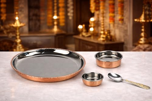 Hindu Puja Thali Set, 4 Pieces Aarti Plate 19cm, Food Plate 11.5cm, Bowl 7cm, Spoon 14cm, Temple Pooja Accessories for Pooja at Home