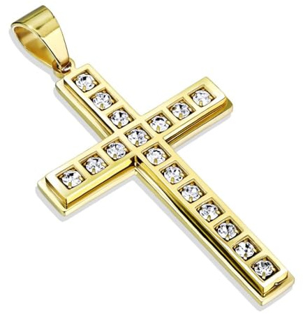 Bungsa Anhänger großes goldfarbenes Kreuz mit Kristall aus Edelstahl Unisex