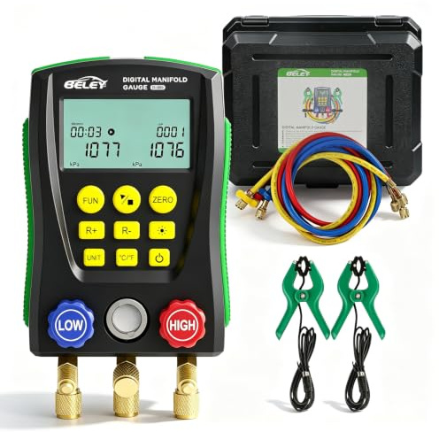BELEY R32 R410a Manómetro Digital Aire Acondicionado para 93 Refrigerantes | HVAC Juego de Manómetros Digitales de Refrigeración,Incluye 2 Abrazaderas de Temperatura, 3 Modos de Funcionamiento