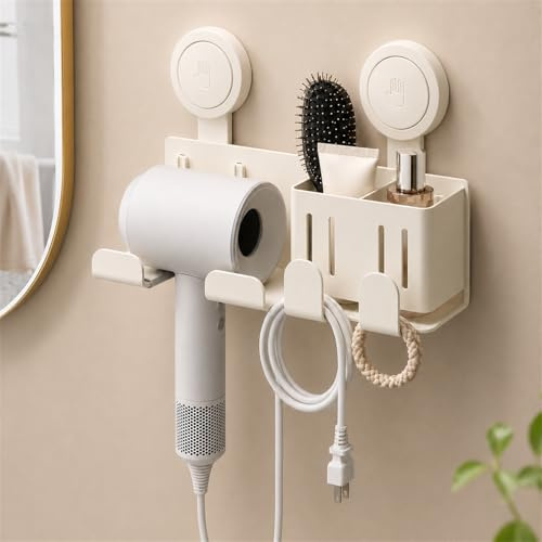 Trlyane Support Sèche-Cheveux Mural à Double Ventouse, Beige | Porte Sèche-Cheveux sans Perçage avec 2 Compartiments et Crochets pour Câbles, Brosse, Peigne et Accessoires