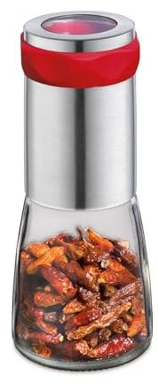 Cilio Chili Mühle PICCANTE | zum Selbstbefüllen | Ø 6,5cm, H: 14,5cm | mit Verschlusskappe | inkl. beschreibbaren Aufklebern | für gleichmäßig feine Chilli Flocken