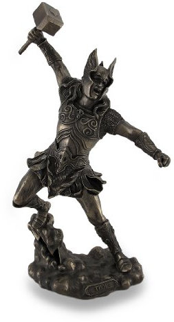 Statue Thor, nordischer Donnergott, Wielding Hammer, bronziert