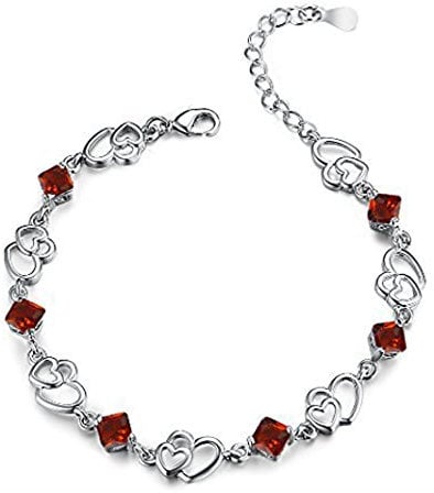 findout Amethyst rot, rosa, blau, weiß-Kristallherz-Silber-Armband für Frauen Mädchen. (roten Kristall)