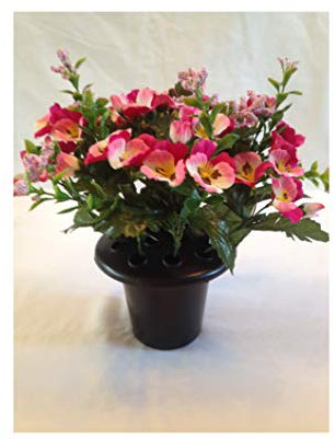 GARTHWAITE NURSERIES® : - UK Stockist. Artificial/Silk Pink & White Viola & Greenery Arrangement for Grave/Crem Pot/Table Centre
