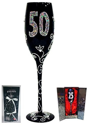 COPA CAVA (CHAMPÁN) PARA REGALO ORIGINAL DE CUMPLEAÑOS, CON LOS NÚMEROS DE LAS EDADES GRABADOS (50 AÑOS NEGRA)