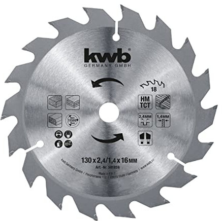 kwb Kreissägeblatt 130 x 16 mm, schneller Schnitt, mittlere Güte, Sägeblatt geeignet für Weich- und Hartholz, Tischlerplatten und Spanplatten