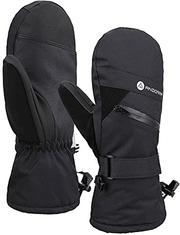 ANDORRA Ski Gloves Women Touchscreen Zipper Pocket Waterproof Snowboard Mittens for Women, Black, S/M
