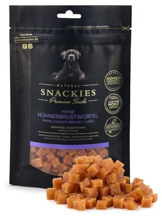 SNACKIES Premium Snacks für Hunde, ohne Zusatz von Getreide, Zucker, Farb-, Aroma- und Konservierungsstoffe, schonend luftgetrocknete Leckerli, Feine Hühnerbrustwürfel 90g