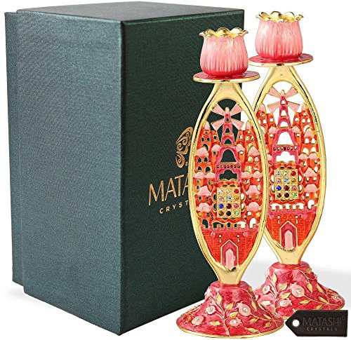 Matashi Kerzenständer im Shabbat-Design, handbemalt, vergoldetes Zinn, Geschenk für Thanksgiving, Weihnachten, Neujahr, groß, Vintage-Kunstfertigkeit | persönlicher oder religiöser Gebrauch (rot)