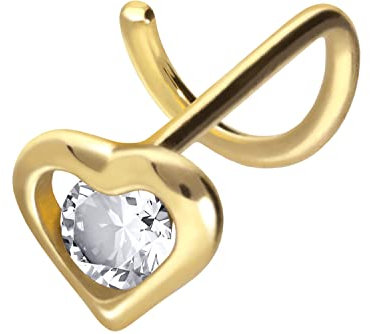 PIERCINGLINE 750er GOLD Nasenpiercing Spirale 18 KARAT HERZ mit KRISTALL Piercing Nase Stecker Gelbgold