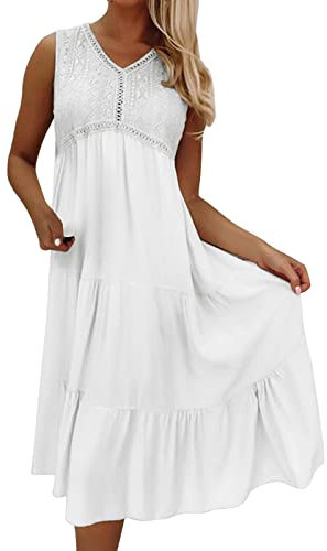 OverDose Soldes Robe Été Femme en Dentelle Blanche Sexy Grande Taille sans Manches Robe de Soirée Ceremonie Taille 2XL-4XL