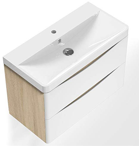 AICA sanitaire Meuble sous Vasque De Salle De Bain Suspendu Blanc et Bois Clair avec Lavabo Espace De Rangement 80cm