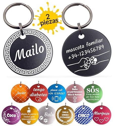 Unikat Branding | 2 Stück Erkennungsmarken | Hund, Katze und Herrchen | Hundemarke personalisiert | Beidseitig mit Gravur | rund | Schwarz | 35 mm