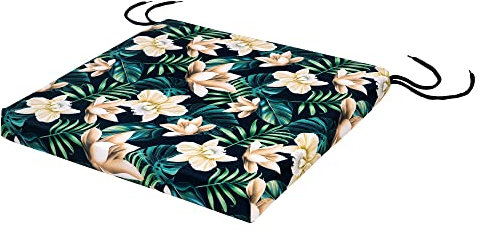 SOFTILLO Patio Chair Cushion with Seat Ties - Indoor and Outdoor Furniture Seating - Water-Resistant Polyester - Kitchen Dining, Lawn & Garden, Coffee Shop Use - 50x44x4cm - Tropical Flowers