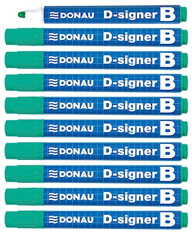 DONAU D-Signer B Tafel-Marker Whiteboard-Marker Boardmarker / 10 Stück/Grün/Rundspitze 2-4 mm/Trocknungsbeständig - bis zu 72 Stunden ohne Kappe/Nicht Toxische Tinte