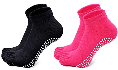 Damen Yogasocken rutschfeste Sportsocken mit Gummisohlen, Damen Zehensocken für Pilates Yoga Tanz Gym Kampfsport, 2 Paare