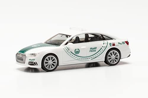 herpa 096935 Modellauto Audi A6 Limousine „Polizei Dubai“, originalgetreu im Maßstab 1:87, Auto Modell für Diorama, Modellbau Sammlerstück, Deko Miniaturmodelle aus Kunststoff, weiß