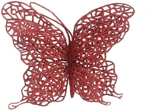 Uteruik Decoraciones de mariposa para árbol de Navidad, decoración de boda, fiesta, color rojo, 8 cm, 6 unidades