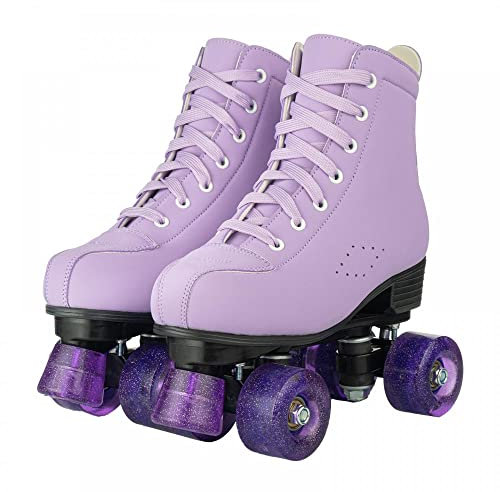 XUDREZ Damen Klassische zweireihige blinkende Räder Rollschuhe High Top PU-Leder Indoor/Outdoor für Anfänger (Lila, 38)