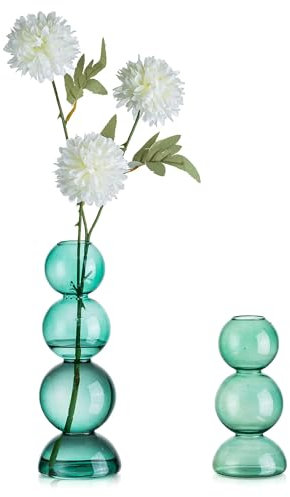 Glasseam Floreros De Capullos para DecoracióN, Set De 2 Bonitos Floreros De Cristal Verde, Florero Minimalista Redondo para Flores, Florero TulipáN Moderno Floreros para SalóN, Florero GeoméTrico
