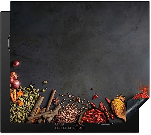 KitchenYeah© Herdabdeckplatte Einteilig Ceranfeld Abdeckplatte Küche Deko Ceranfeldabdeckung Herdabdeckung Induktionsmatte Kräuter - Beton - Lebensmittel - Gewürze - Schwarz - Paprika - 58x51 cm