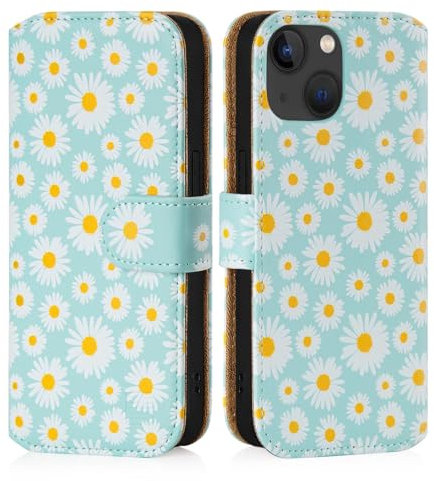 32nd Floral Series 3.0 - Design PU Leather Book Wallet Case Cover for Apple iPhone 15 (6.1), Flip Case With RFID Blocking Card Slots, Magnetic Closure and Built In Stand - Blue Daisy