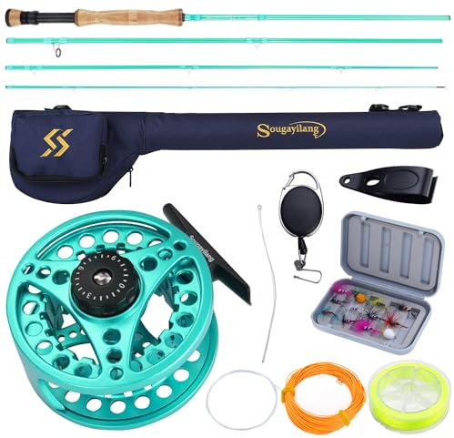 Sougayilang Fliegenfischen-Kombination, 4-teilige Fliegenrute und CNC-gefräste Aluminium-Legierung, komplettes Starterpaket mit Rutentasche, türkis-#8