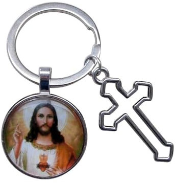 Schlüsselanhänger, Taschenschmuck Jesus Christus und Kreuz aus Stahl., silber, 5,6 x 2,8 cm