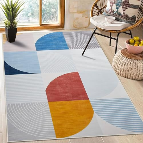 AMEHA Indoor Door Mat 60x110 cm, Yellow & White Entryway Bedroom Rug (Kira) | Easy to Clean Non Slip Modern Carpet Non Shedding Abstract Geometric Style Durable Soft Low Pile Small Mat for Kids Room