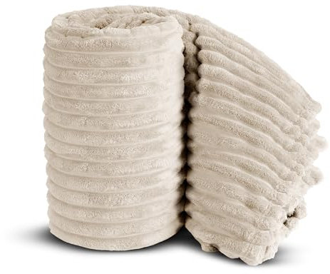 Velosso Chunky Ribbed Thick Super Soft Faux Fur Mink Ribbed Cord Blanket Bed Throwover Sofa Lounge Throw Blanket (Ivory, 150 x 200cms)
