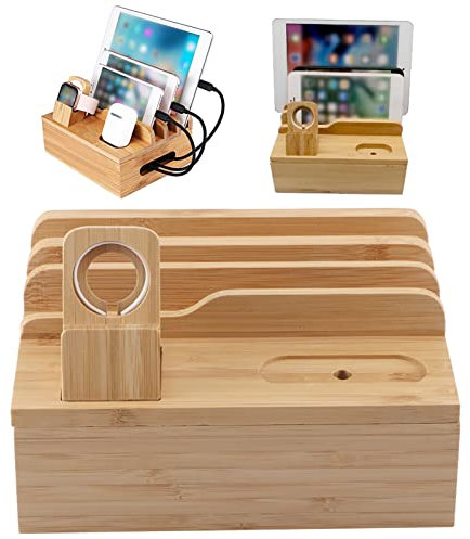 Holz-Desktop-Organizer, Multi-Ladestation mit Uhrenständer, Ladegerät-Halter und Dockingstation