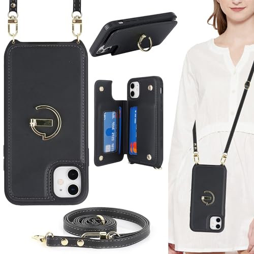 ELTEKER for iPhone 15 Phone Case with Card Holder and Strap,PU Leather Wallet Case Flip Cover with Card Slots Crossbody Lanyard Strap for iPhone 15 (6.1 Inch)-Black