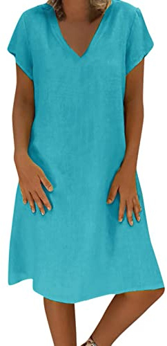 Leinenkleider Damen Leinen Baumwolle Sommerkleider Lockere Knielang Freizeitkleid Elegant Leichte Strandkleid Frauen V Ausschnitt Blusenkleid A Linie Kleider Große Größen Cocktailkleid
