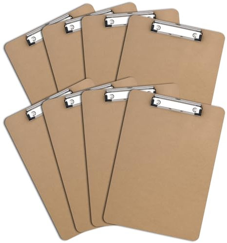 ZCZN A4 Clipboard Hardboard with Low Profile Clip and Retractable Hanging Hole, Wooden Clipboards A4 Pack of 8