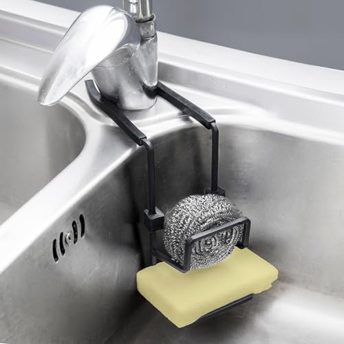 Cimoybai Support Éponge 2-en-1 pour Cuisine, Organiseur d'Évier Sans Trou, Support pour Éponge, Brosse et Vaisselle, Prise d'Évier, Noir