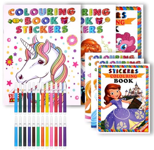 OSDUE Kinder Malbuch set, 6 A4 Format Malbüchern, Malhefte, Colouring Book mit 2 * 12 Buntstiften und Aufklebern, für Kinder Hort Kita, Kinder Restaurant, Geburtstag Geschenk, Mitgebsel