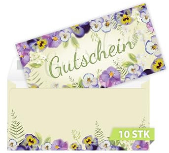 10 Gutscheine DIN lang (21x10,5 cm) mit 10 Kuverts DIN lang (22x11 cm) Motiv Veilchen Blumen Gutscheine zum Ausfüllen Gutschein Geschenk Karte für Massage Wellness Kosmetik Nagelstudio Spa Beauty
