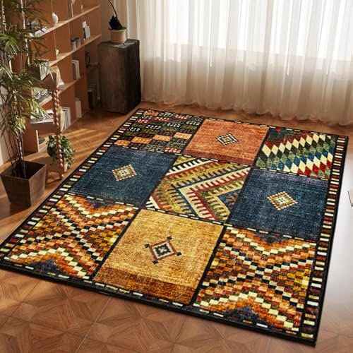 Teppich Quadratisch 200x200cm Vintage Flickenteppich Teppich Wohnzimmer Kurzflor Bunte Waschbar Rutschfest Easy Clean für Wohnzimmer, Schlafzimmer, Balkon, Auch für KüChe oder Esszimmer Geeignet.