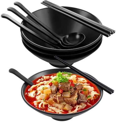 DAJAVE Ramen Bowls Set of 4 - Noodle Bowl with Chopsticks and Spoon Japanese Ramen Bowl Plastic Noodle Bowl Set for Soup, Salad, Rice and Pasta Dishes