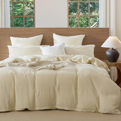 Lanqinglv Doppelte Musselin Bettwäsche 135x200 Baumwolle Creme,Leinenoptik | ÖKO-TEX Zertifiziert,für Allergiker,4 Jahreszeiten Set,Atmungsaktiv Bettbezug 1 Kissenbezüge 80x80 mit Reißverschluss