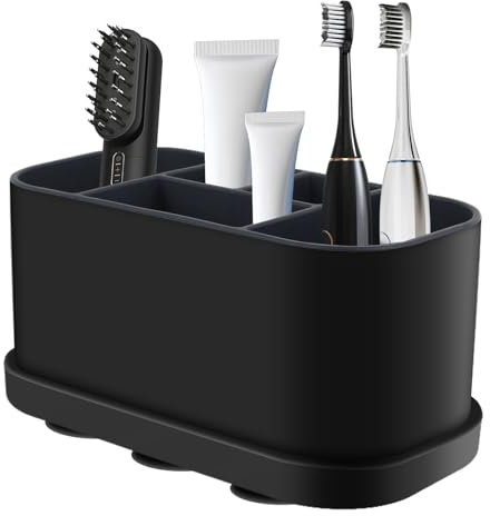 5 Slots Toothbrush Holder, Bathroom Wall Mounted Toothbrush with Drain Hole Silicone Toothbrushes and Toothpaste Holder Countertop Organizer and Storage for Electric Tooth Brush, Toothpaste(Black)